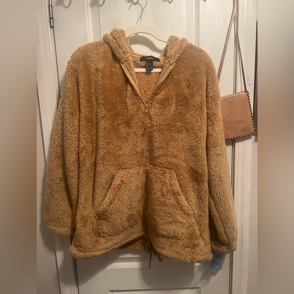 Forever 21 teddy hoodie nude brown